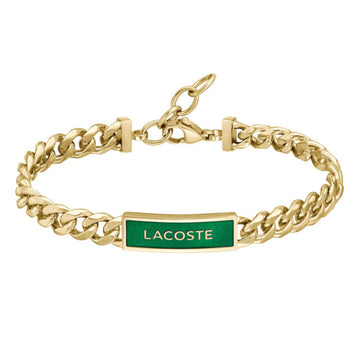 Ατσάλινο βραχιόλι Lacoste 2040323 ταυτότητα σε χρυσό χρώμα διακοσμημένο με πράσινο σμάλτο και ρυθμιζόμενο κούμπωμα από ανοξείδωτο ατσάλι.